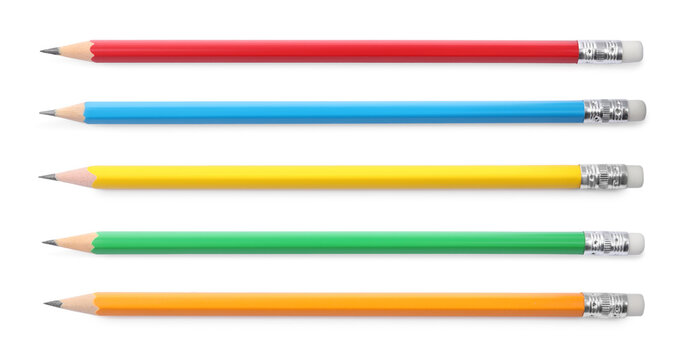 Different graphite pencils on white background, set