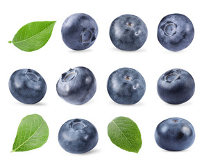 Fresh blueberries and green leaves isolated on white, collage