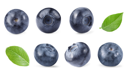 Fresh blueberries and green leaves isolated on white, collage