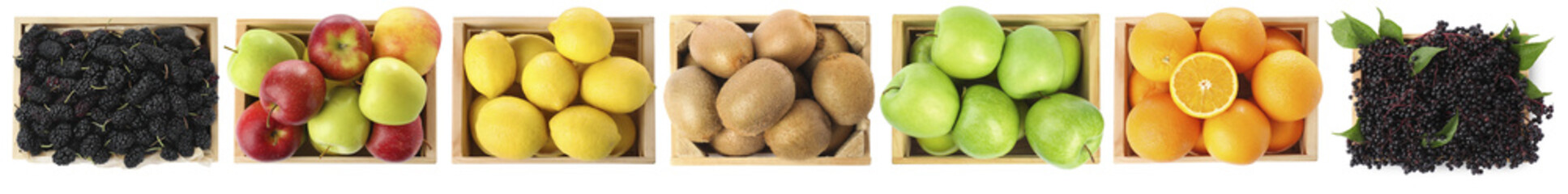 Different fresh fruits in wooden crates isolated on white, set. Top view