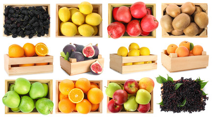 Different fresh fruits in wooden crates isolated on white, collage