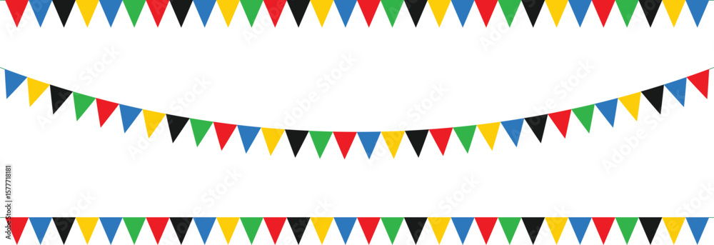 Fototapete Colorful Bunting Flags Vector Set – Triangular Party Decorations in Festive Hanging Strings on White Background