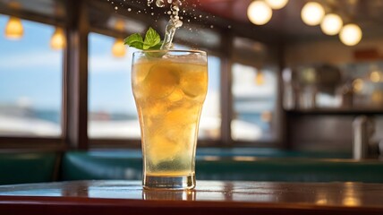 Iced Tea with Mint Garnish in a Glass, Bubbly Splash