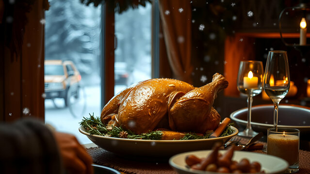 Serving turkey with With cozy atmosphere    beside famil