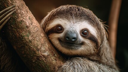 Fototapeta premium Sloth Adoring Tree Branch in a Warm Rainforest Setting, Perfect for Nature Lovers and Wildlife Enthusiasts