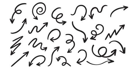 Arrows hand drawn doodle icons set. Curved cartoon arrows sketches collection. Flat and thin pointers illustrations. Scribble swirl arrow signs.