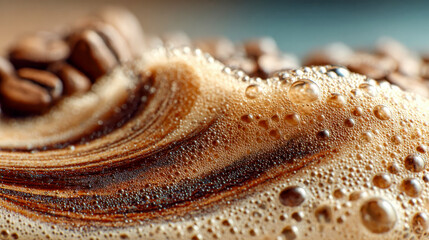 Macro view of frothy coffee foam with swirling patterns and textured bubbles, blending creamy whites and rich browns