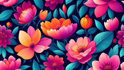 Floral arrangement of bright pink, orange and yellow flowers with teal leaves on a dark background,Vibrant flower illustration with contrasting colors and bold shapes for backgrounds