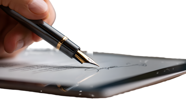 A close up of a hand holding a fountain pen signing a document on a white surface in dim lighting