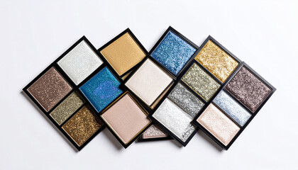 Fototapeta premium Swatches of Shimmer Eyeshadow Palette on White Background.make-up, cosmetic, brush, colours, sale, art, beauty, fashion, brown, beauty product, advertising, cheek, colors, concepts, creativity,
