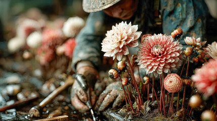 Obraz premium Close-up of a gardener hands working in soil, surrounded by blooming dahlias, showing the delicate process of plant care in a rustic setting