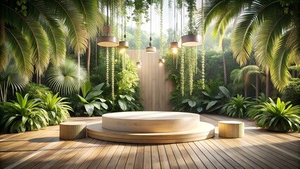 A tropical garden featuring a wooden platform surrounded by lush greenery and palm trees