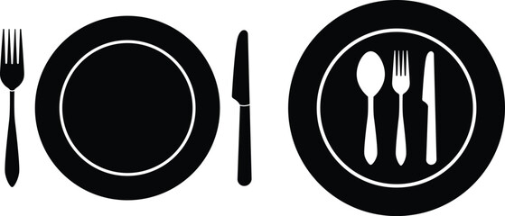 Table Setting Icon Vector Set – Fork, Knife, Spoon Placement Variations with Plates in Minimalist Black Silhouettes on White Background