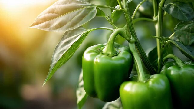Farmers tend to vibrant green bell peppers on their plants, showcasing healthy crops during a summer afternoon under bright sunlight.