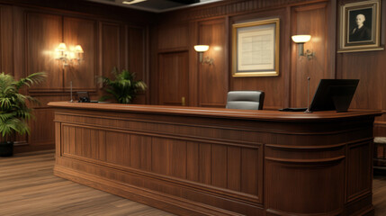 Law office reception counter mockup interior registration copy space desk design indoor decoration front view wood counter material plant