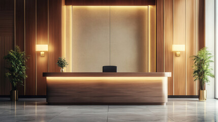 Law office reception counter mockup interior registration copy space desk design indoor decoration front view wood counter material plant