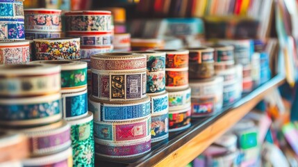 Obraz premium Colorful Decorative Boxes on Wooden Shelf in Artsy Retail Space