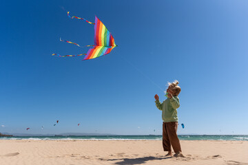 Smiling young boy flying a colorful rainbow kite on a sunny sandy beach with blue sky and ocean...
