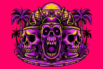 Psychedelic graffiti skull with horns, sunglasses, and palm trees on vibrant purple background. Perfect for streetwear, party posters, or edgy summer themes.