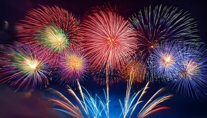 colorful firework celebration fireworks displaying up in the sky over dark background with copy space