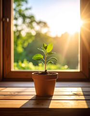 Fototapeta premium Small Green Plant Sprouting in Brown Pot on Wooden Windowsill in Sunlight.growth, new life, leaf, nature, background, environment, garden, organic, plant, germinating, concepts, growing, hope, 