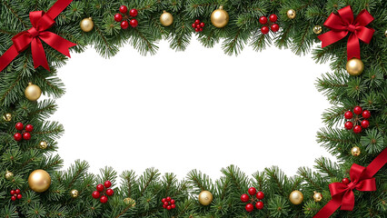 Christmas Pine Frame with Red Bows and Ornaments