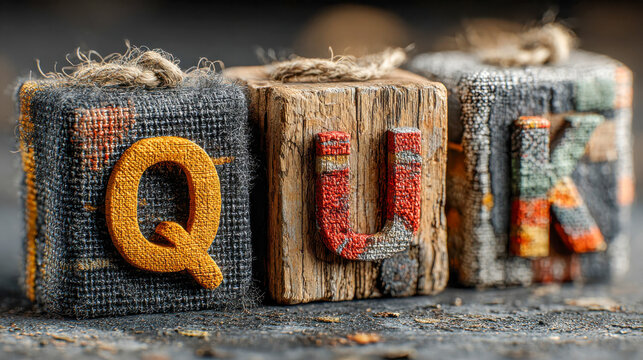 Close-up of rustic wooden blocks with textured fabric, each block featuring a colorful letter in a vintage style