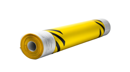 A roll of yellow hazard tape with transparent stripes on a transparent background in a horizontal position