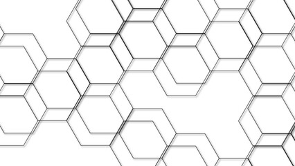 Abstract seamless geometric background with interconnected hexagons outlined in thin gray lines on a white backdrop. Clean, modern, and minimalistic, suitable for tech, scientific, or architectural