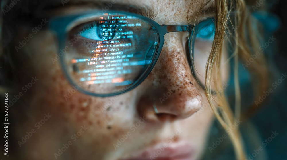 Poster close-up of a woman with glasses reflecting programming code, symbolizing technology and software de