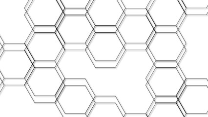 Abstract seamless geometric background with interconnected hexagons outlined in thin gray lines on a white backdrop. Clean, modern, and minimalistic, suitable for tech, scientific, or architectural