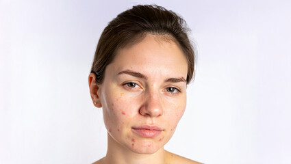 A close-up shot of a woman's face, possibly dealing with skin issues. Her expression is one of pensiveness, possibly reflecting introspection or contemplation