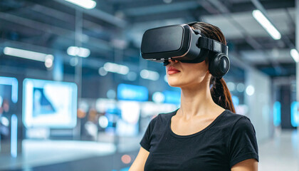 A woman in virtual reality, exploring a digital world with VR headset