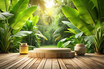 A wooden platform surrounded by lush tropical plants and banana leaves