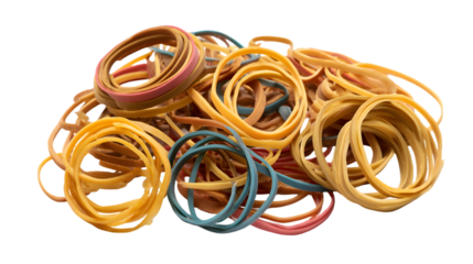 Close up shot of a pile of assorted colored rubber bands on a transparent  background in a studio shot