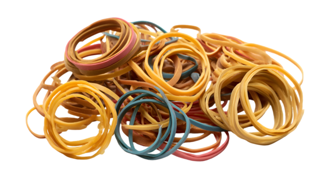 Close up shot of a pile of assorted colored rubber bands on a transparent  background in a studio shot