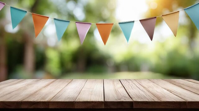 A table with a rustic wooden surface showcases vibrant triangular party banners strung above, enhancing the joyful environment of a garden celebration.