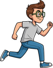 Cartoon character running fast with determination, wearing casual clothes and sneakers, energetic dynamic motion illustration, fitness, action, sports, animation, lifestyle
