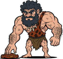 Cartoon muscular caveman character holding stone, prehistoric man with beard, wild fierce primitive artwork, strong ancient illustration concept