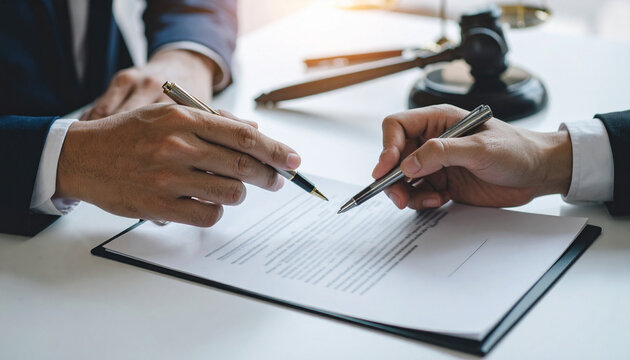 Close-up shot of a document signing with two persons, along with a gavel in the blurred background, symbolizes legal agreements and contracts