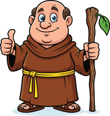 Cheerful cartoon monk character, bald with smiling face, brown robe, yellow belt, holding staff with leaf, giving thumbs up, sandals
