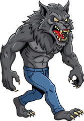 Fierce werewolf wearing blue jeans, muscular monster growling, scary Halloween creature, digital beast art, fantasy illustration, character concept design