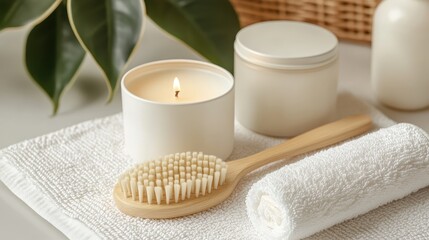 Relaxing Spa Setup with Candle, Brush, and Towels for Self-Care