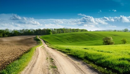 Obraz premium dirt road with green meadow and plowed field view on a spring day