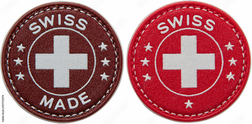 Fototapete two distinct round leather patches featuring swiss made emblems with cross on white background