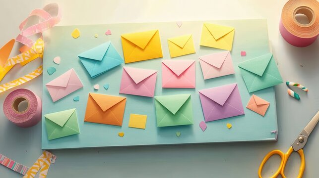 Colorful Envelopes and Stationery Items on a Vibrant Background
