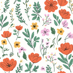 Hand-Drawn Floral Vector Pattern with Orange, Yellow, and Pink Flowers and Green Leaves on White Background