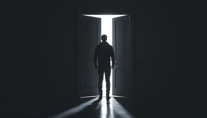 Person Entering Bright Portal from Darkness – Hope, Transition, and Transformation Symbolic Art
