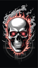 Fiery skull with glowing red eyes and smoke fire