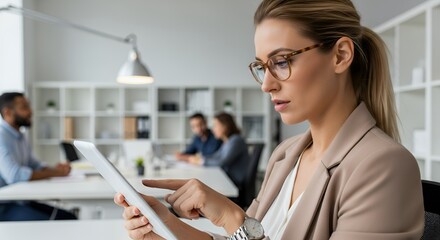 Focused Young Businesswoman Using Tablet in Modern Office Setting